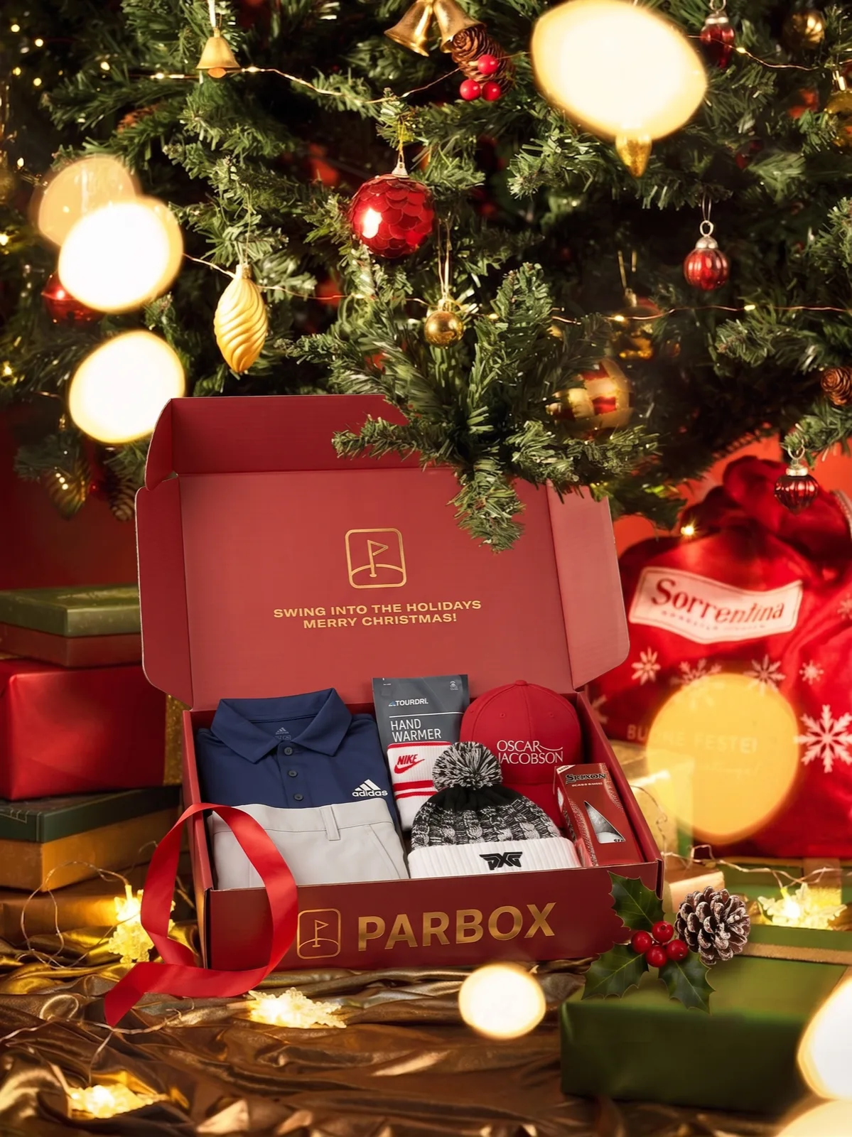 Par Box Christmas golf gift box in festive red packaging